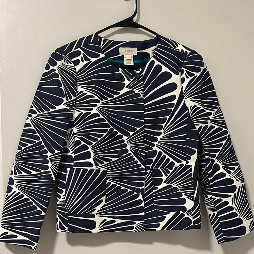 J Crew 95% Cotton Double Breasted Fanfare Blue Blazer Jacket Size 4
